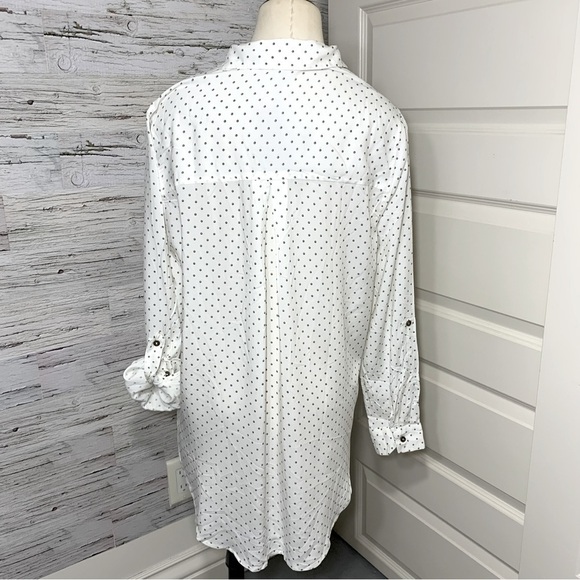 jane & Delancey White Flowy Blouse Button Down Brown Dots Relax Hi Low Tunic M - Picture 7 of 12